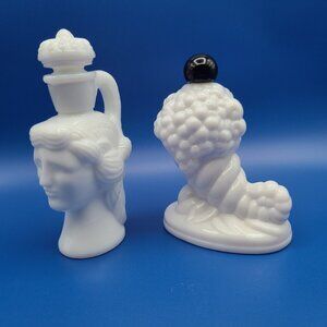 Lot 2 Vintage Avon Milk Glass Bath Oil Decanters Grecian Cornucopia